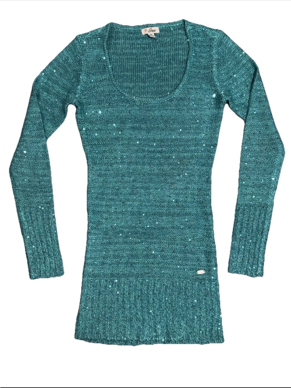 Guess Y2K L/S Long Body Matilda Sequined Coquette Sweater Sparkling Teal SZ.S